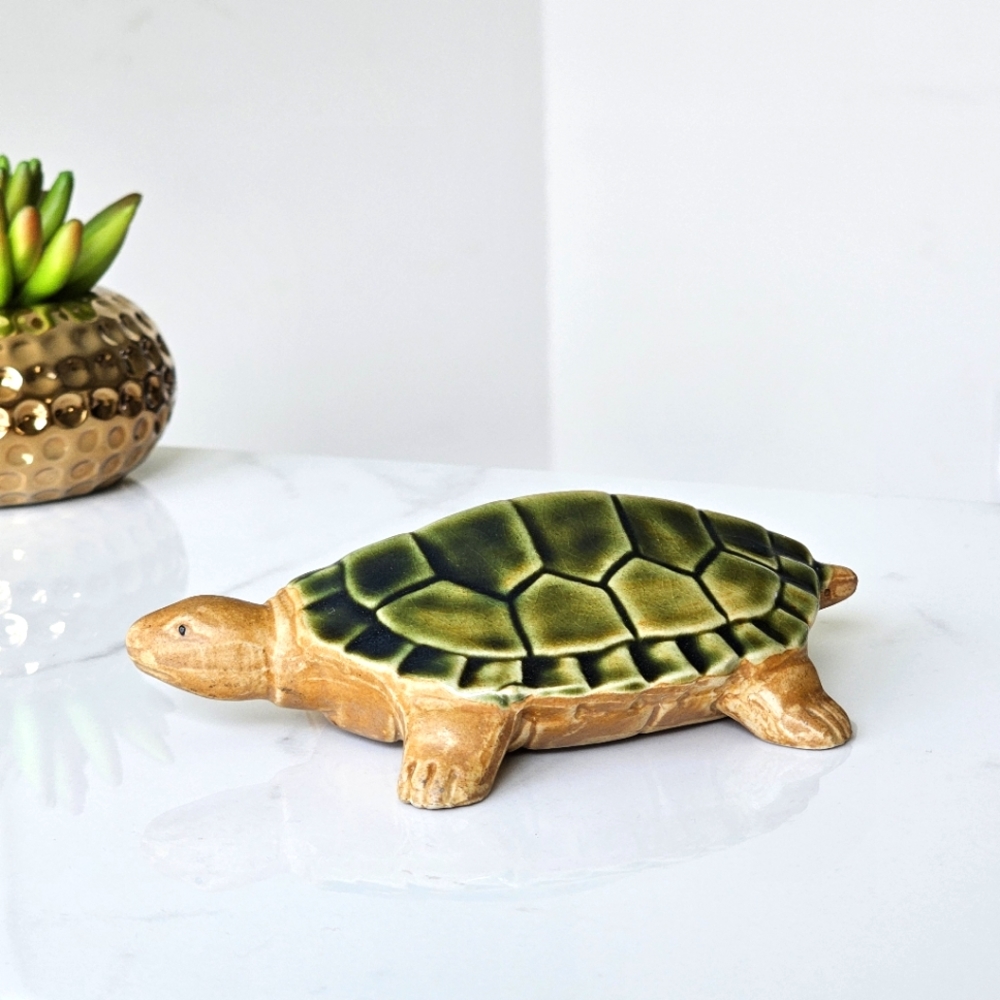 Vintage Ceramic Turtle Figurine 5.4", Glazed Green Shell, Hand Painted